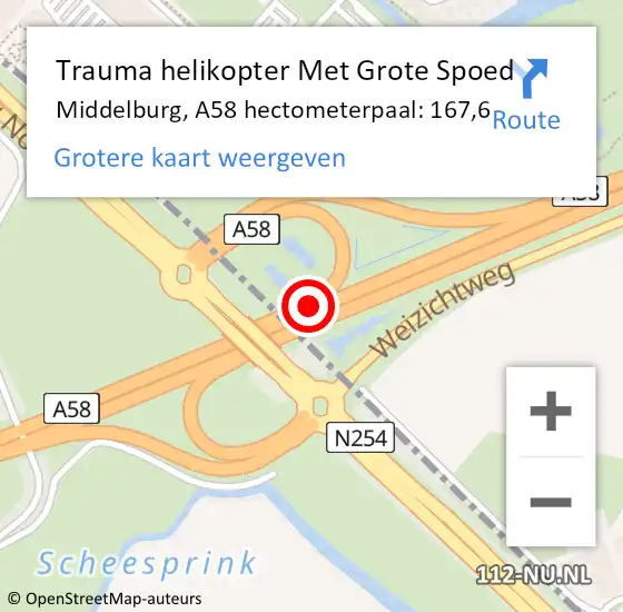 Locatie op kaart van de 112 melding: Trauma helikopter Met Grote Spoed Naar Middelburg, A58 hectometerpaal: 167,6 op 17 februari 2022 23:03