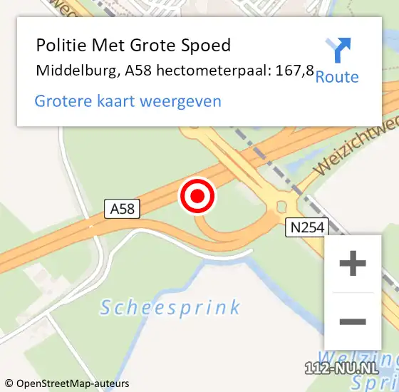 Locatie op kaart van de 112 melding: Politie Met Grote Spoed Naar Middelburg, A58 hectometerpaal: 167,8 op 17 februari 2022 23:06