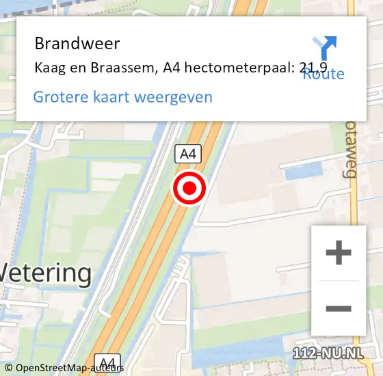 Locatie op kaart van de 112 melding: Brandweer Kaag en Braassem, A4 hectometerpaal: 21,9 op 18 februari 2022 02:54