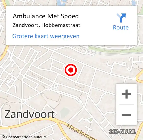 Locatie op kaart van de 112 melding: Ambulance Met Spoed Naar Zandvoort, Hobbemastraat op 18 februari 2022 04:40