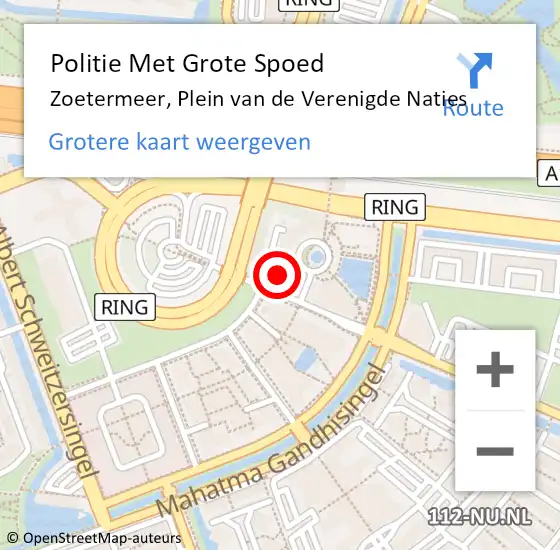 Locatie op kaart van de 112 melding: Politie Met Grote Spoed Naar Zoetermeer, Plein van de Verenigde Naties op 18 februari 2022 07:44