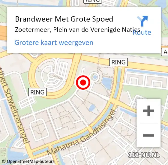 Locatie op kaart van de 112 melding: Brandweer Met Grote Spoed Naar Zoetermeer, Plein van de Verenigde Naties op 18 februari 2022 07:44