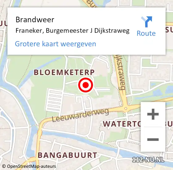 Locatie op kaart van de 112 melding: Brandweer Franeker, Burgemeester J Dijkstraweg op 18 februari 2022 07:58