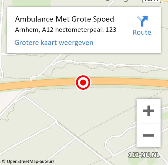 Locatie op kaart van de 112 melding: Ambulance Met Grote Spoed Naar Arnhem, A12 hectometerpaal: 123 op 18 februari 2022 11:12