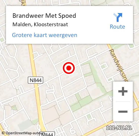 Locatie op kaart van de 112 melding: Brandweer Met Spoed Naar Malden, Kloosterstraat op 18 februari 2022 11:45