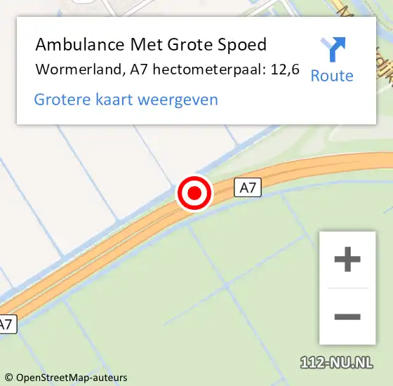 Locatie op kaart van de 112 melding: Ambulance Met Grote Spoed Naar Wormerland, A7 hectometerpaal: 12,6 op 18 februari 2022 12:09