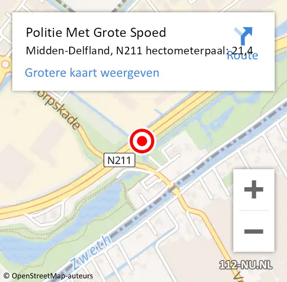 Locatie op kaart van de 112 melding: Politie Met Grote Spoed Naar Midden-Delfland, N211 hectometerpaal: 21,4 op 18 februari 2022 13:27