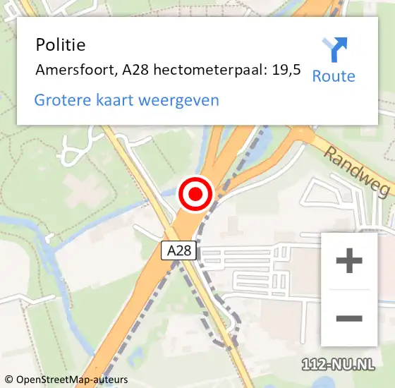 Locatie op kaart van de 112 melding: Politie Amersfoort, A28 hectometerpaal: 19,5 op 18 februari 2022 13:45