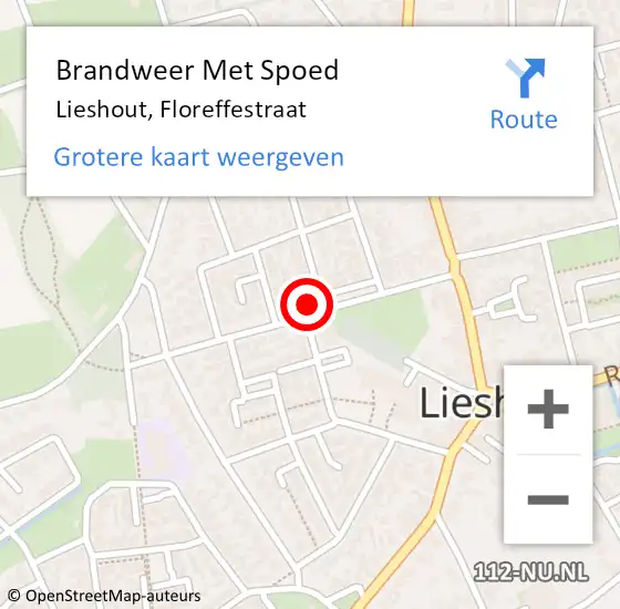 Locatie op kaart van de 112 melding: Brandweer Met Spoed Naar Lieshout, Floreffestraat op 18 februari 2022 14:28