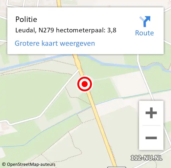 Locatie op kaart van de 112 melding: Politie Leudal, N279 hectometerpaal: 3,8 op 18 februari 2022 14:39
