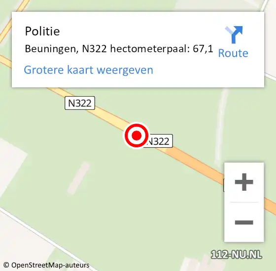 Locatie op kaart van de 112 melding: Politie Beuningen, N322 hectometerpaal: 67,1 op 18 februari 2022 14:44