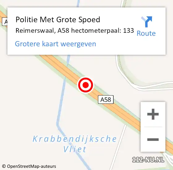 Locatie op kaart van de 112 melding: Politie Met Grote Spoed Naar Reimerswaal, A58 hectometerpaal: 133 op 18 februari 2022 14:59