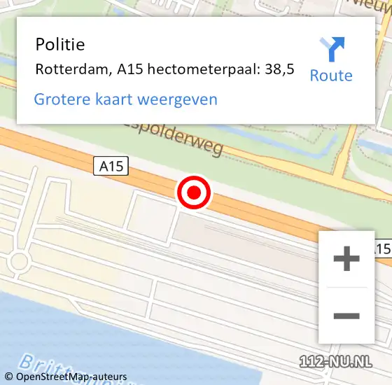 Locatie op kaart van de 112 melding: Politie Rotterdam, A15 hectometerpaal: 38,5 op 18 februari 2022 15:04