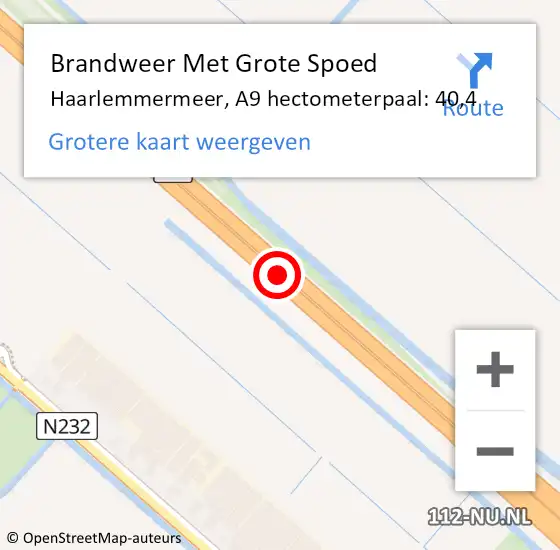 Locatie op kaart van de 112 melding: Brandweer Met Grote Spoed Naar Haarlemmermeer, A9 hectometerpaal: 40,4 op 18 februari 2022 15:31