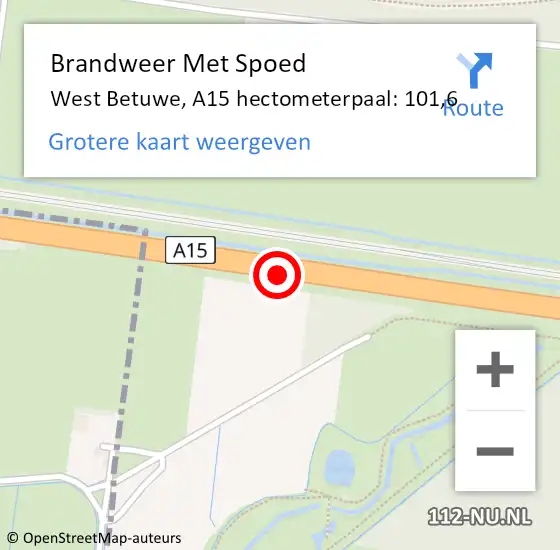 Locatie op kaart van de 112 melding: Brandweer Met Spoed Naar West Betuwe, A15 hectometerpaal: 101,6 op 18 februari 2022 15:47