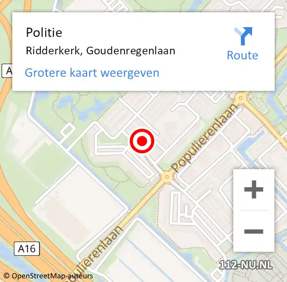 Locatie op kaart van de 112 melding: Politie Ridderkerk, Goudenregenlaan op 18 februari 2022 15:49