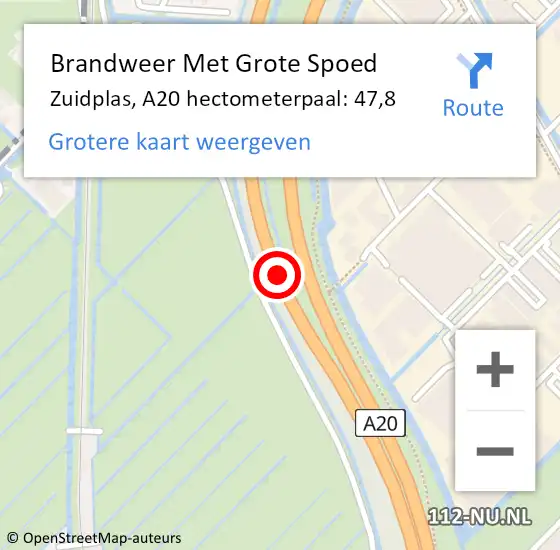 Locatie op kaart van de 112 melding: Brandweer Met Grote Spoed Naar Zuidplas, A20 hectometerpaal: 47,8 op 18 februari 2022 15:52