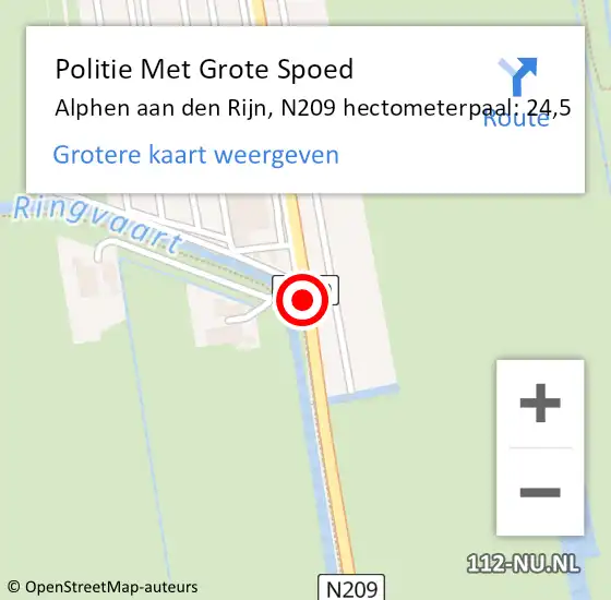 Locatie op kaart van de 112 melding: Politie Met Grote Spoed Naar Alphen aan den Rijn, N209 hectometerpaal: 24,5 op 18 februari 2022 16:35