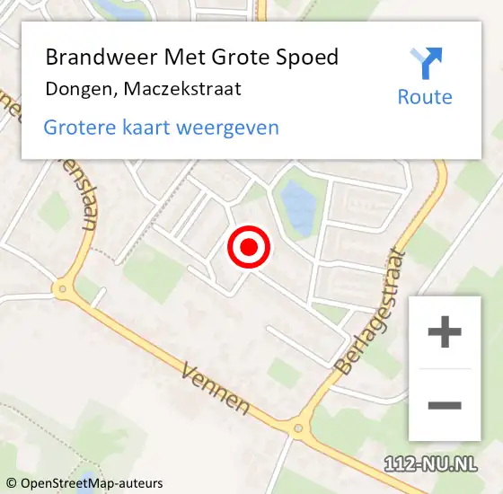 Locatie op kaart van de 112 melding: Brandweer Met Grote Spoed Naar Dongen, Maczekstraat op 18 februari 2022 16:47