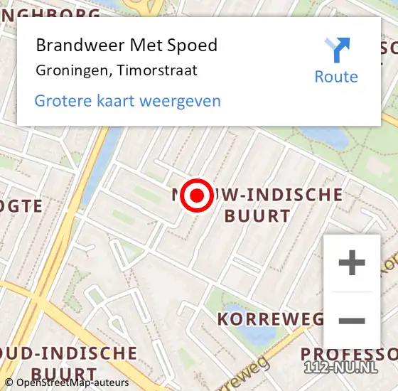 Locatie op kaart van de 112 melding: Brandweer Met Spoed Naar Groningen, Timorstraat op 18 februari 2022 16:49