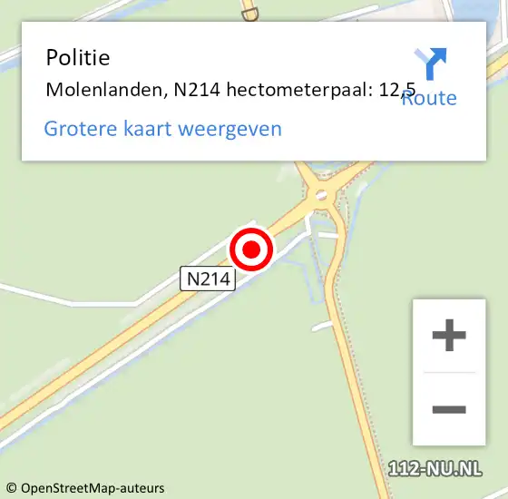 Locatie op kaart van de 112 melding: Politie Molenlanden, N214 hectometerpaal: 12,5 op 18 februari 2022 17:07