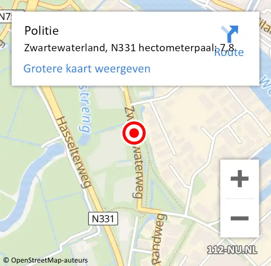 Locatie op kaart van de 112 melding: Politie Zwartewaterland, N331 hectometerpaal: 7,8 op 18 februari 2022 17:11
