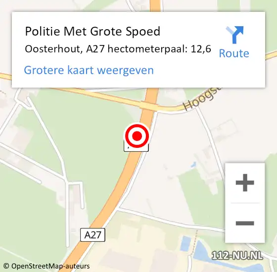 Locatie op kaart van de 112 melding: Politie Met Grote Spoed Naar Oosterhout, A27 hectometerpaal: 12,6 op 18 februari 2022 17:15