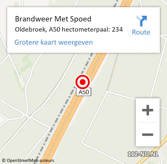Locatie op kaart van de 112 melding: Brandweer Met Spoed Naar Oldebroek, A50 hectometerpaal: 234 op 18 februari 2022 17:18