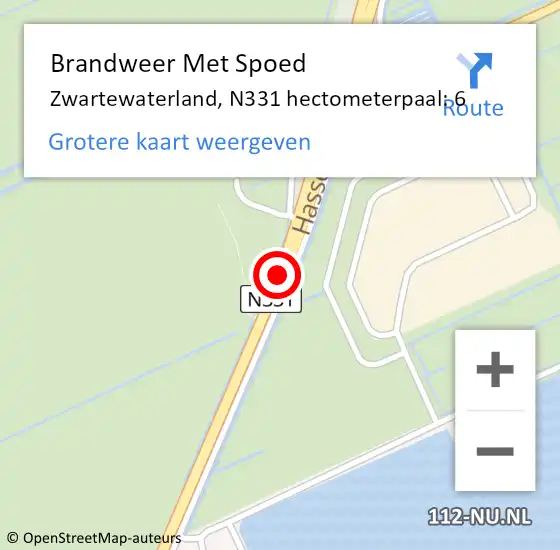 Locatie op kaart van de 112 melding: Brandweer Met Spoed Naar Zwartewaterland, N331 hectometerpaal: 6 op 18 februari 2022 17:28