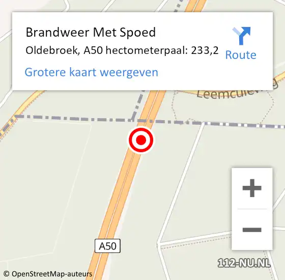 Locatie op kaart van de 112 melding: Brandweer Met Spoed Naar Oldebroek, A50 hectometerpaal: 233,2 op 18 februari 2022 17:28