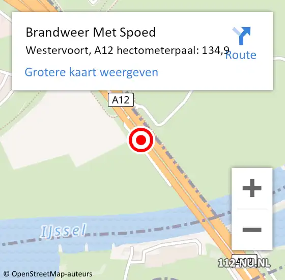 Locatie op kaart van de 112 melding: Brandweer Met Spoed Naar Westervoort, A12 hectometerpaal: 134,9 op 18 februari 2022 17:30