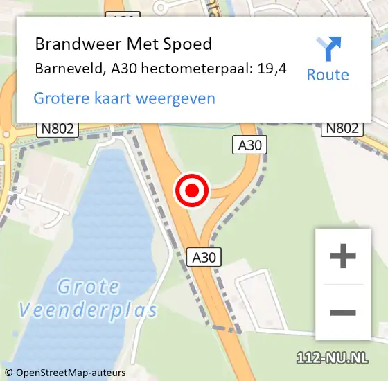 Locatie op kaart van de 112 melding: Brandweer Met Spoed Naar Barneveld, A30 hectometerpaal: 19,4 op 18 februari 2022 17:30