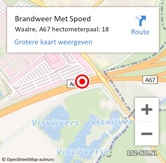 Locatie op kaart van de 112 melding: Brandweer Met Spoed Naar Waalre, A67 hectometerpaal: 18 op 18 februari 2022 17:37
