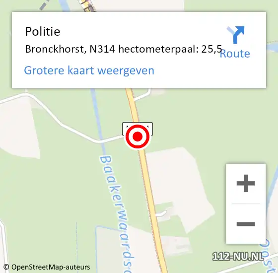 Locatie op kaart van de 112 melding: Politie Bronckhorst, N314 hectometerpaal: 25,5 op 18 februari 2022 17:38