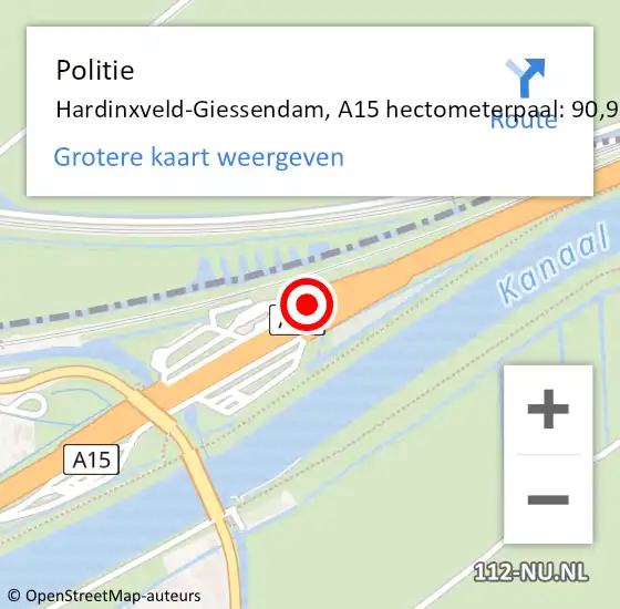 Locatie op kaart van de 112 melding: Politie Hardinxveld-Giessendam, A15 hectometerpaal: 90,9 op 18 februari 2022 17:38