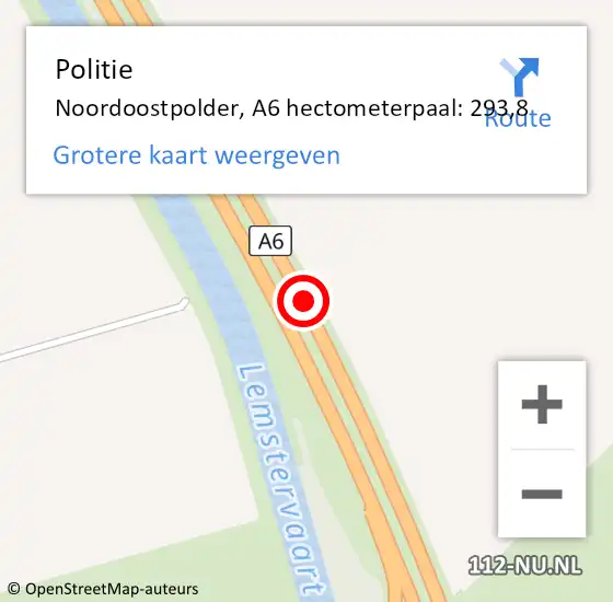 Locatie op kaart van de 112 melding: Politie Noordoostpolder, A6 hectometerpaal: 293,8 op 18 februari 2022 17:41