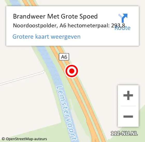 Locatie op kaart van de 112 melding: Brandweer Met Grote Spoed Naar Noordoostpolder, A6 hectometerpaal: 293,8 op 18 februari 2022 17:51