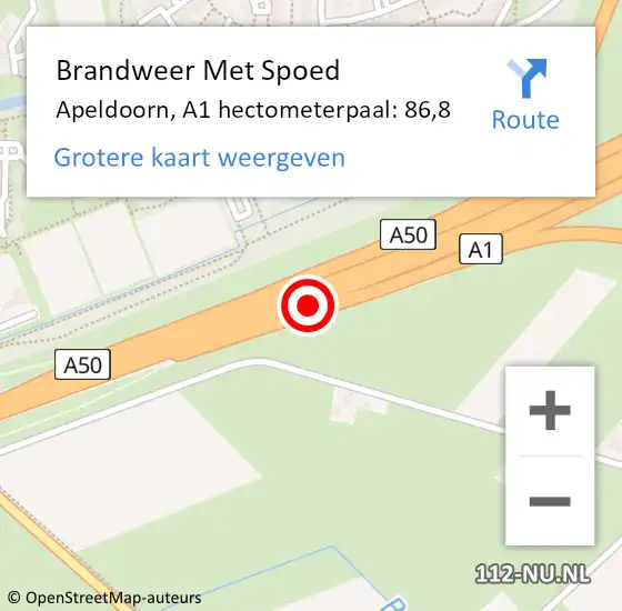 Locatie op kaart van de 112 melding: Brandweer Met Spoed Naar Apeldoorn, A1 hectometerpaal: 86,8 op 18 februari 2022 18:03