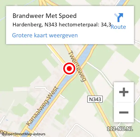 Locatie op kaart van de 112 melding: Brandweer Met Spoed Naar Hardenberg, N343 hectometerpaal: 34,3 op 18 februari 2022 18:22