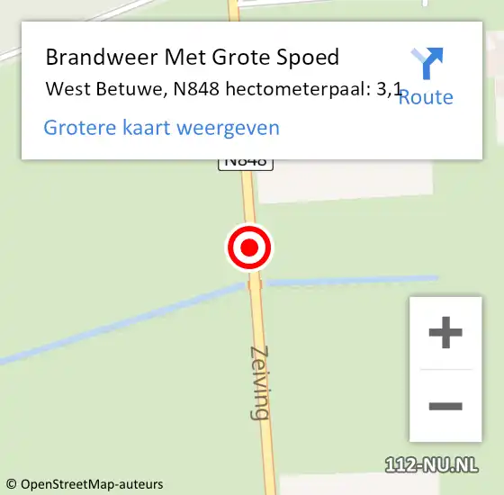 Locatie op kaart van de 112 melding: Brandweer Met Grote Spoed Naar West Betuwe, N848 hectometerpaal: 3,1 op 18 februari 2022 18:24