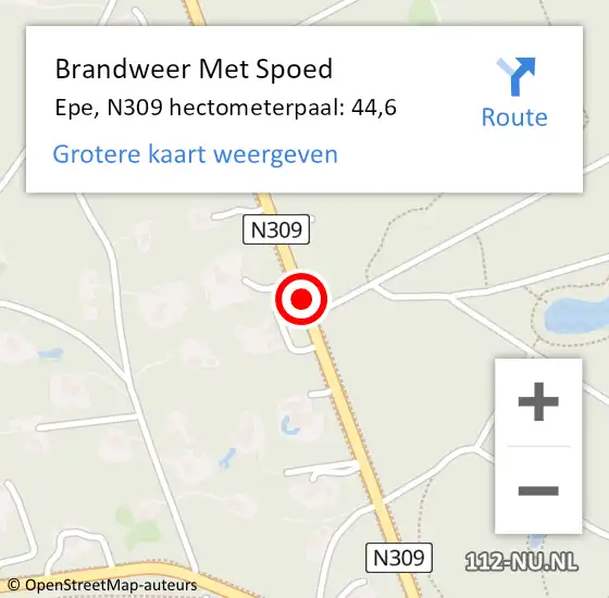 Locatie op kaart van de 112 melding: Brandweer Met Spoed Naar Epe, N309 hectometerpaal: 44,6 op 18 februari 2022 18:29