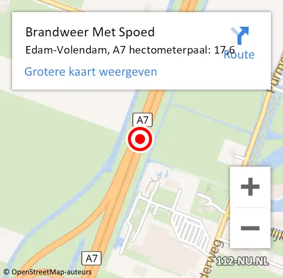 Locatie op kaart van de 112 melding: Brandweer Met Spoed Naar Edam-Volendam, A7 hectometerpaal: 17,6 op 18 februari 2022 18:32