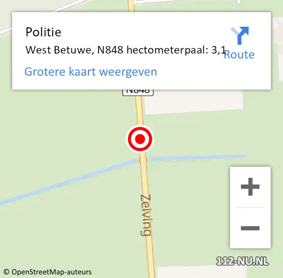 Locatie op kaart van de 112 melding: Politie West Betuwe, N848 hectometerpaal: 3,1 op 18 februari 2022 18:39