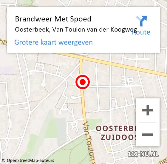 Locatie op kaart van de 112 melding: Brandweer Met Spoed Naar Oosterbeek, Van Toulon van der Koogweg op 18 februari 2022 18:58