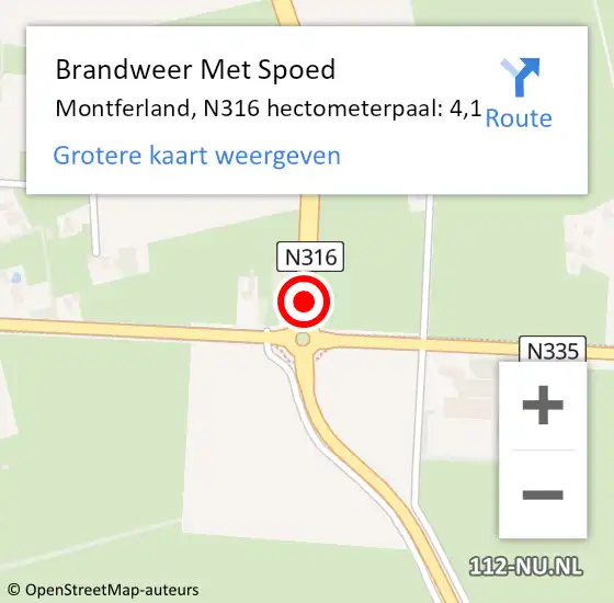 Locatie op kaart van de 112 melding: Brandweer Met Spoed Naar Montferland, N316 hectometerpaal: 4,1 op 18 februari 2022 19:08