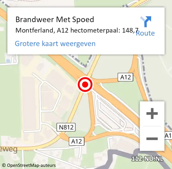 Locatie op kaart van de 112 melding: Brandweer Met Spoed Naar Montferland, A12 hectometerpaal: 148,7 op 18 februari 2022 19:53