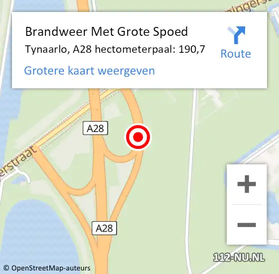 Locatie op kaart van de 112 melding: Brandweer Met Grote Spoed Naar Tynaarlo, A28 hectometerpaal: 190,7 op 18 februari 2022 20:09