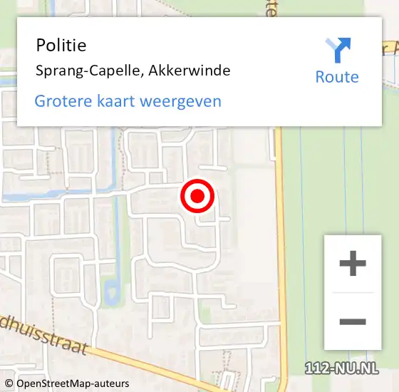 Locatie op kaart van de 112 melding: Politie Sprang-Capelle, Akkerwinde op 18 februari 2022 20:11