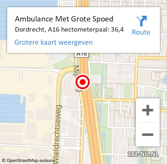 Locatie op kaart van de 112 melding: Ambulance Met Grote Spoed Naar Dordrecht, A16 hectometerpaal: 36,4 op 18 februari 2022 20:14