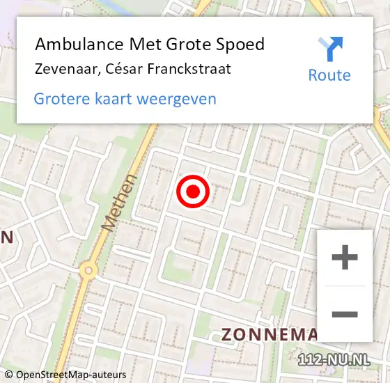 Locatie op kaart van de 112 melding: Ambulance Met Grote Spoed Naar Zevenaar, César Franckstraat op 18 februari 2022 20:34